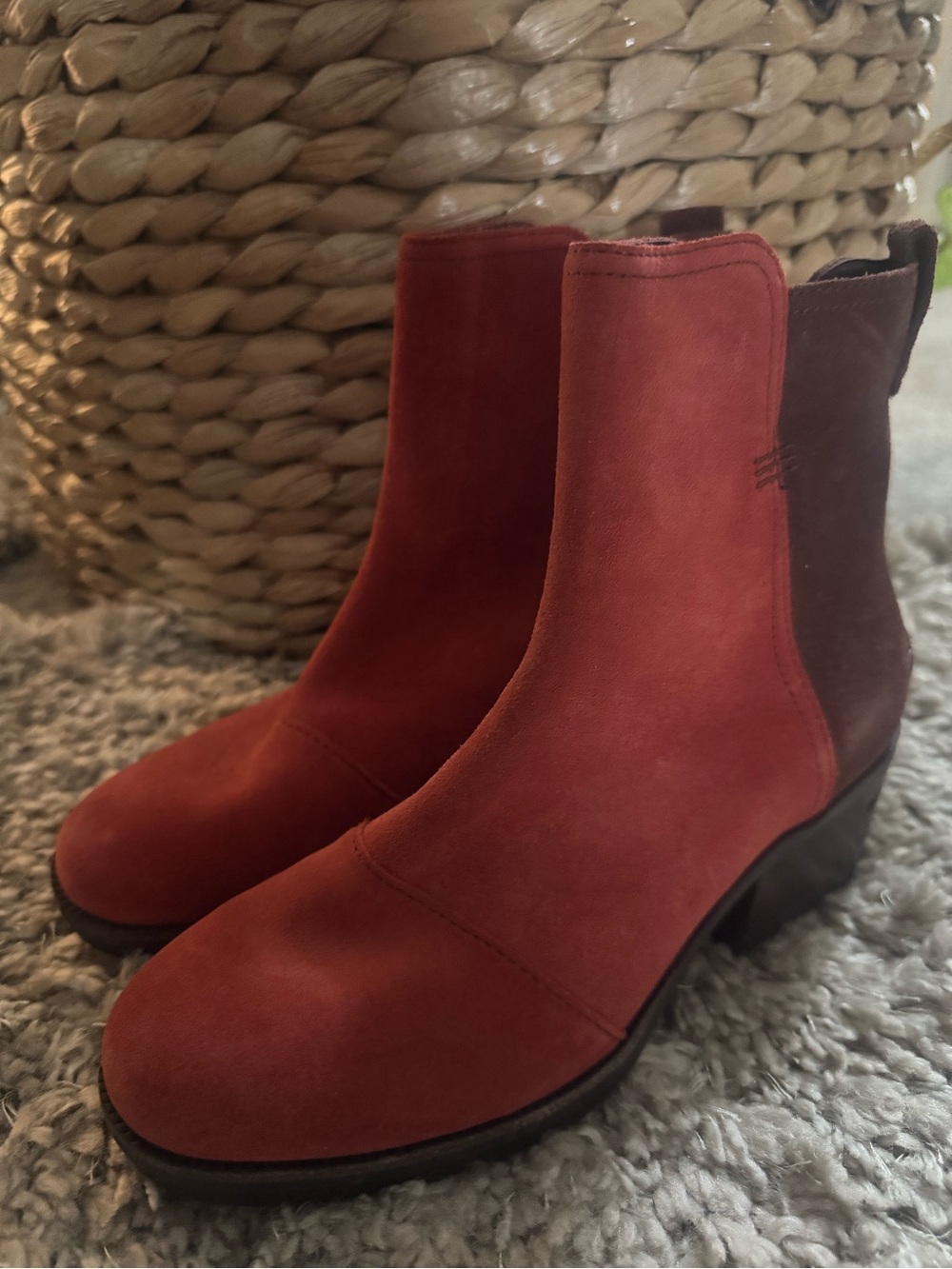 Sorel Two-Tone Red and Brown Suede Ankle Boots